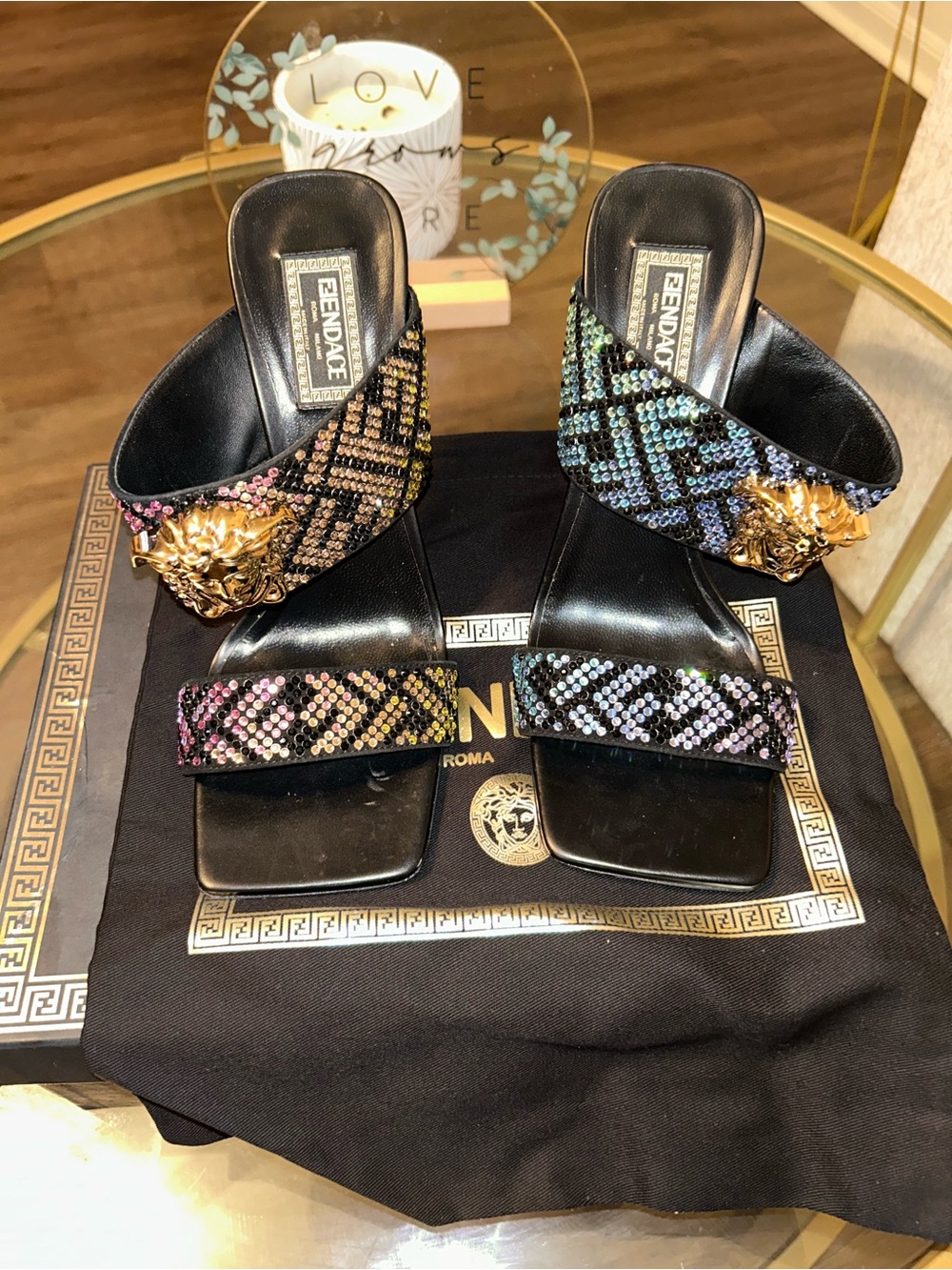 Fendi Black Slide Sandals with Multicolor Crystal Straps and Gold Accent